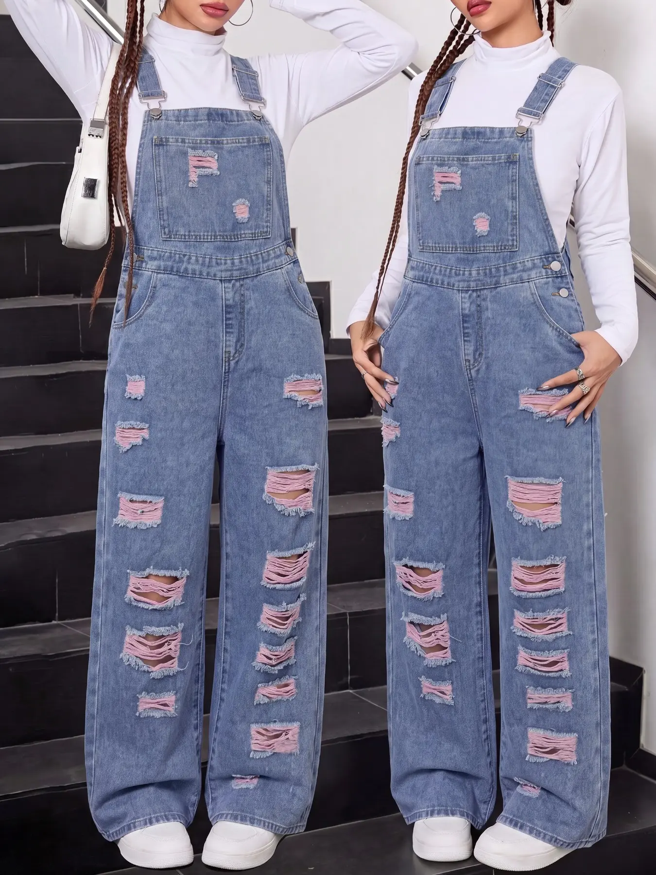 Teen girls’ fashionable Chic casual Y2K vintage cool street-style back-to-school preppy blue denim overalls, soft, comfortable and Comfy, suitable for girls’ Everyday wear, autumn and winter parties, music festivals, and other occasions.