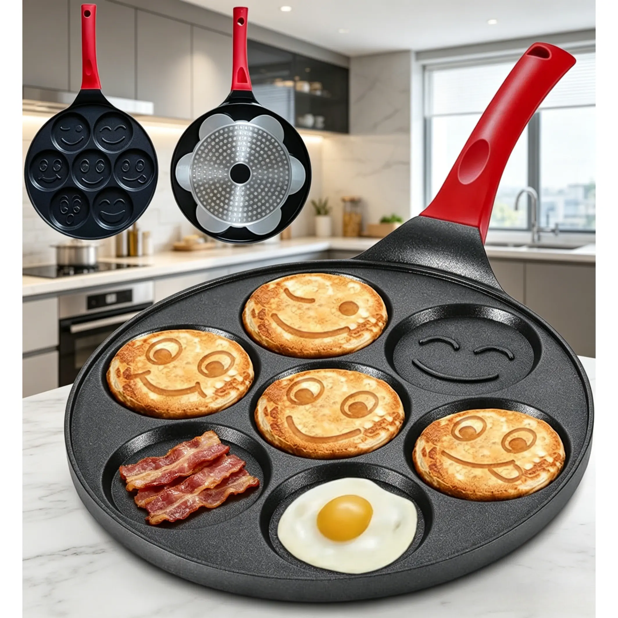 10.5-Inch Happy Face Emoji Aluminum Alloy Nonstick Pancake Skillet Cookware Set, Cool Touch Handle, Kitchen Cooking Cookware for Breakfast Home Use, Festive & Party Supplies