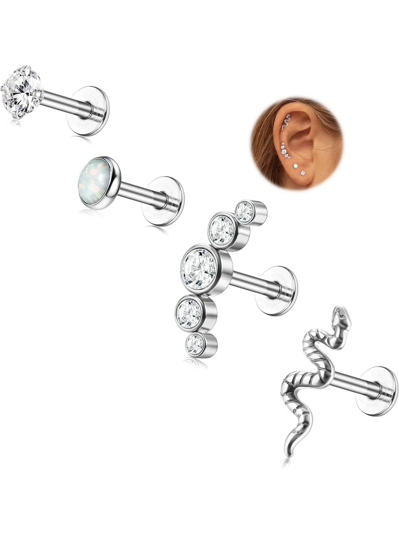 4pcs 16g G23 Titanium Pierced Earrings, Flat Back Forward Helix Piercing, Hypoallergenic Tragus Piercing, Casual Style, Body Piercing Jewelry, All Seasons Jewelry