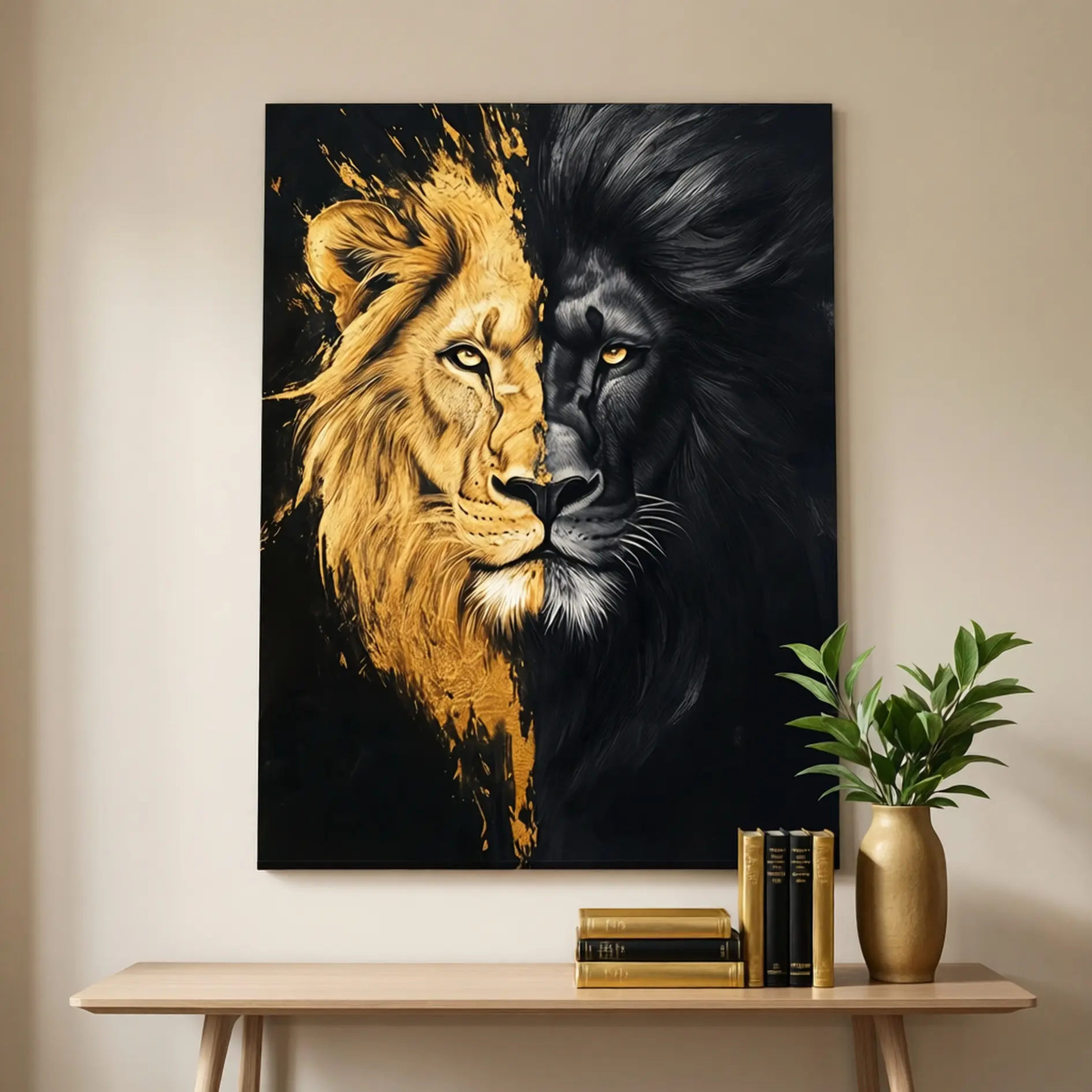 2D Flat, 1pc, 2D flat frame canvas painting, Golden and Black Lion Canvas Painting Duality of Light and Darkness Majestic Lion Portrait Wall Art Unique Gift for Animal Lovers, holiday gift, beautiful family gift, suitable for bedroom, living room
