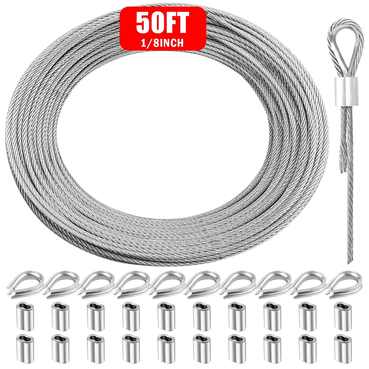 Metal Wire 1/8 Inch Galvanized Carbon Steel Aircraft  7x7 50FT | Includes 10 thimbles and 20  sleeves.  resistant for picture , bundling and DIY projects