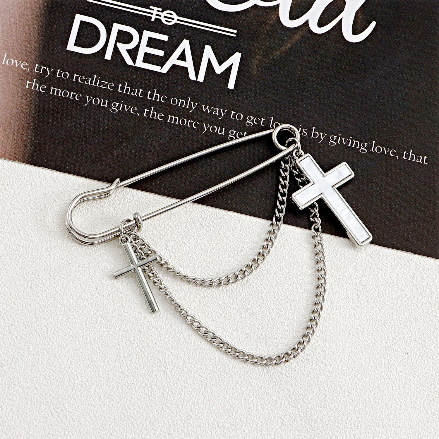 Women's White Mother-of-Pearl Cross Tassel Brooch, High-End Lapel Pin