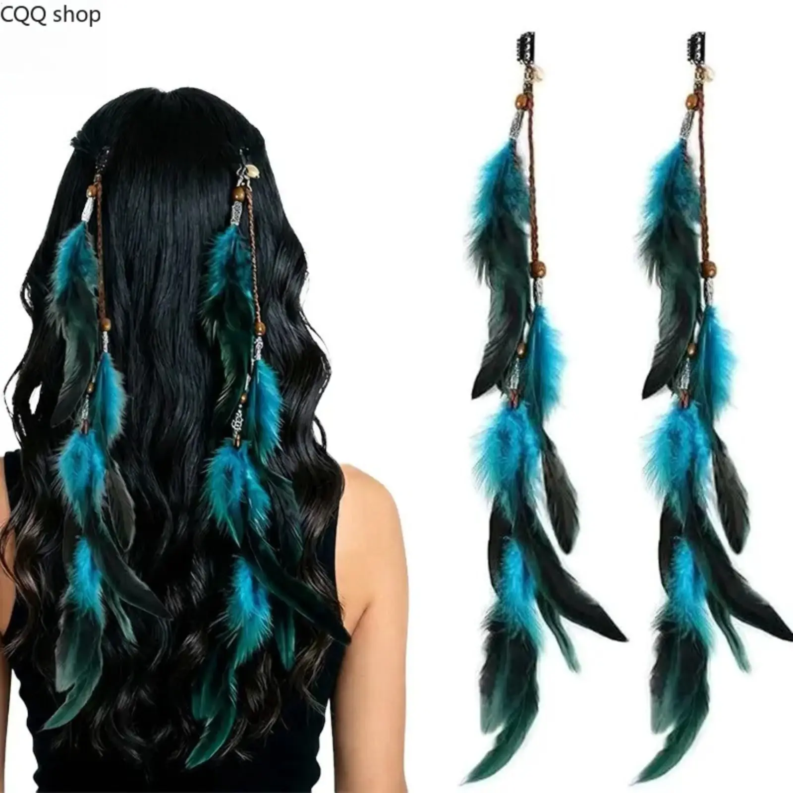 2 Pack Bohemian Natural Feather Hair Barrettes, Retro Indian Ethnic Wooden Bead Tassel BB Hair Clips, Hippie Long Pendant Hair Pins for Beach Vacation, Music Festival & Cosplay Outfit Decor