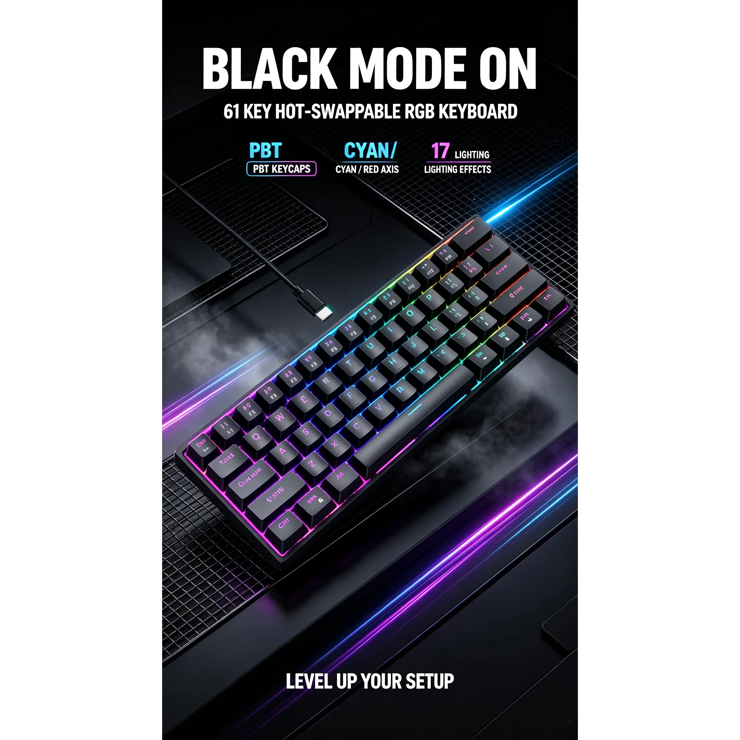 61-Key Hot-Swappable Mechanical Keyboard (Matte Black) | Red/Blue Switches, 80M Lifespan, RGB Side Lights, PBT Keycaps | For Gaming, Office, Home | Detachable Cable, Ergonomic, Full Anti-Ghost custom keyboard