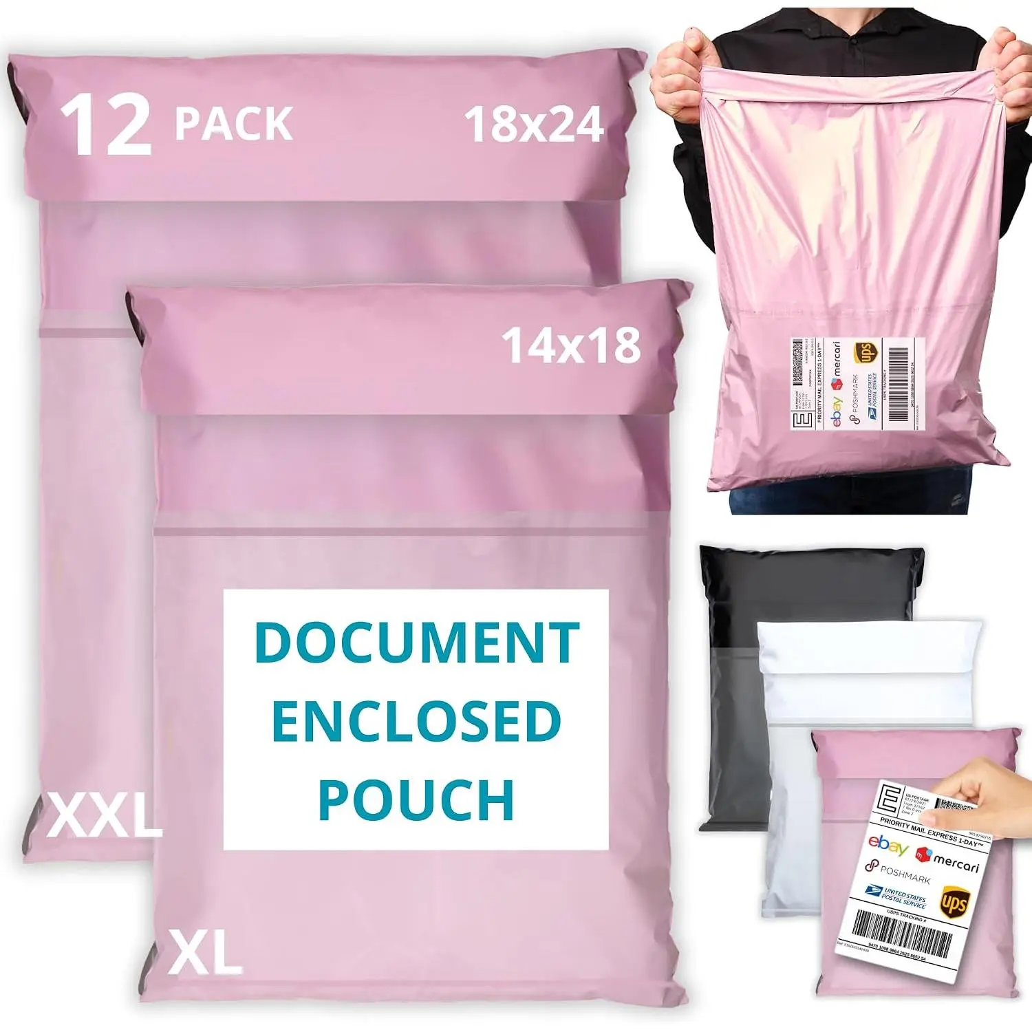 Shipping Bags (12 Pack) with Label Pouch - 14x18 & 18x24 - Poly Mailers for Clothes, Self-Seal Plastic Mailing Envelopes -  & Water-Resistant Packaging Bags for Clothing, Not Padded