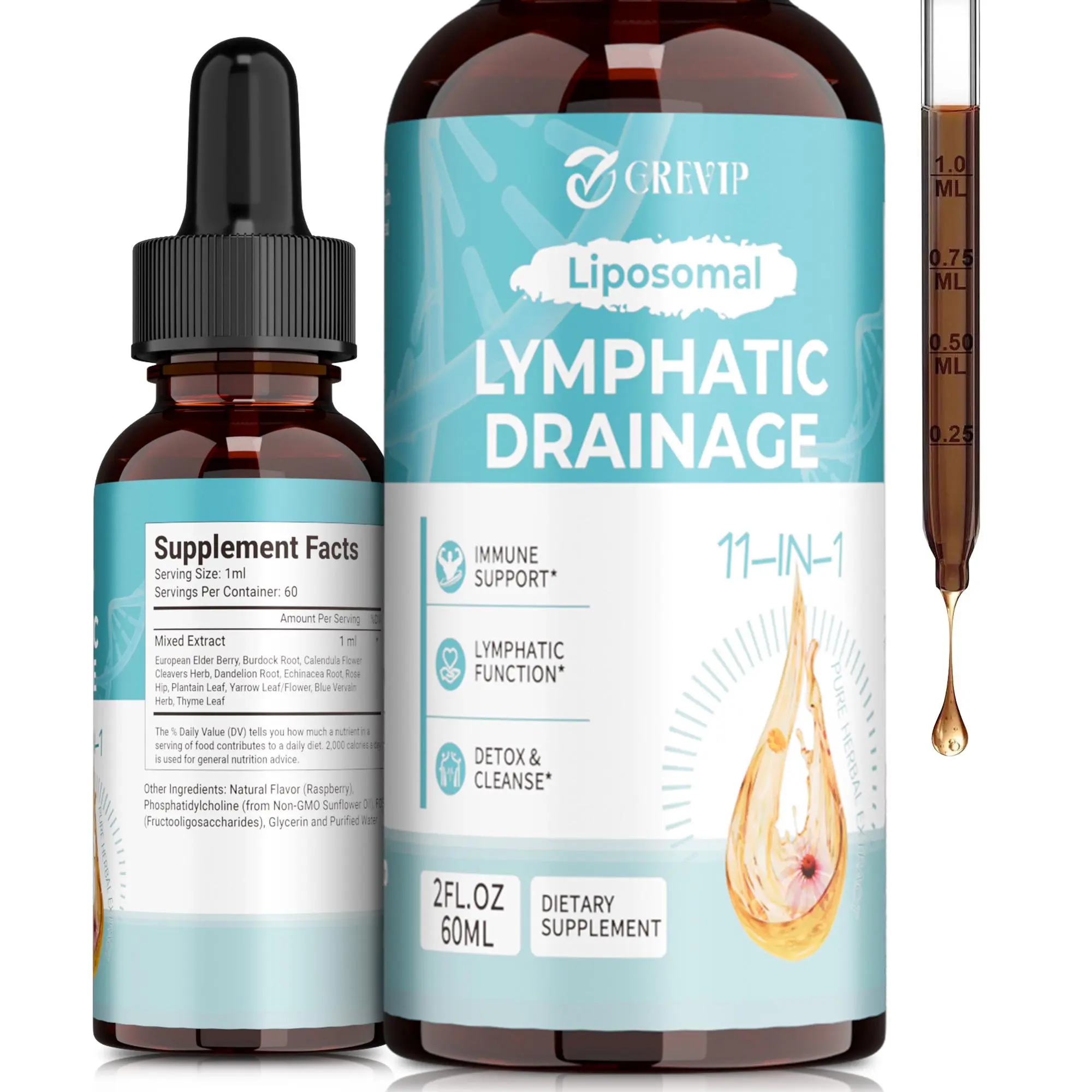 Grevip 60ml Drops, with added Calendula and Echinacea Root, uses a premium formula to support lymphatic function, 2 fl oz.