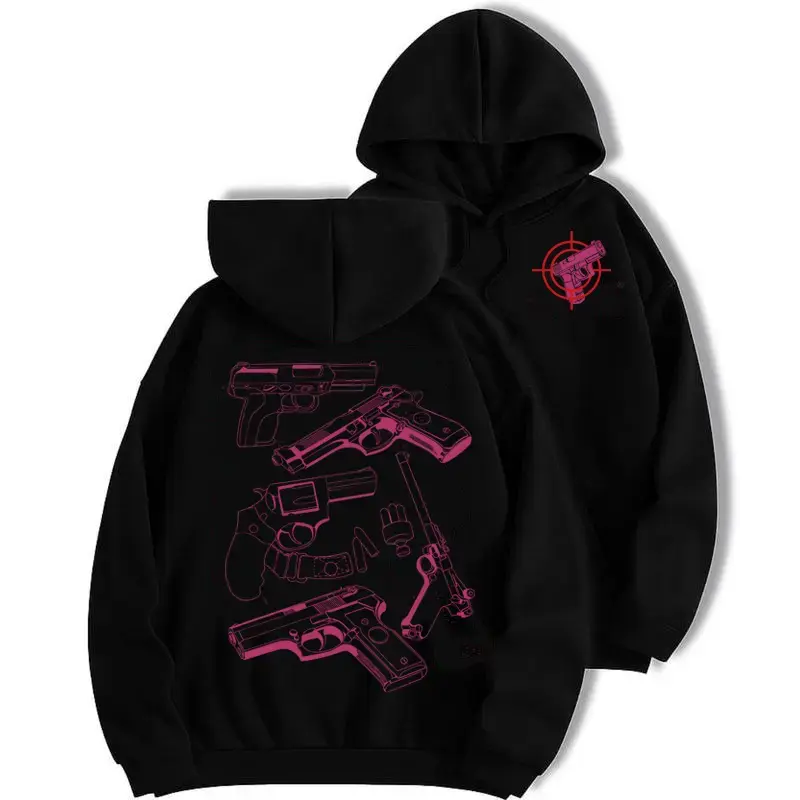 Pink Handgun Pistol Graphic Oversized Cotton Hoodie, Cool Comfort Fashion Street Outfit, Unique Valentine Gift For Gun Enthusiast Him Her, Holiday Birthday Present For Shooting Hobby Friends