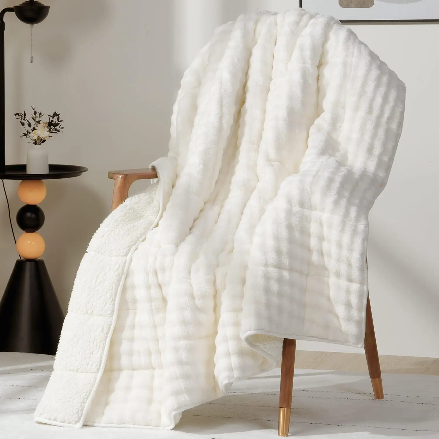Weighted Blanket 15lbs for Adults, Fluffy Bubble Sherpa Fleece Weighted Blankets for Queen Size Bed, Cute Fuzzy Warm Heavy Blanket for Calming & Sleeping, 60"x80", Cream White