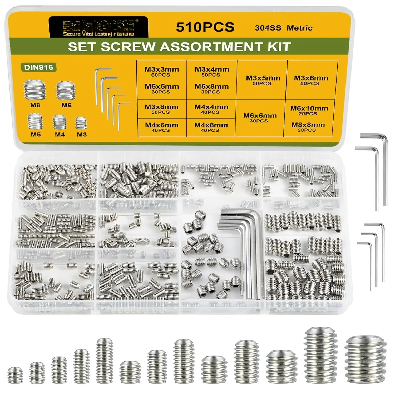 Set Screw  Kit 510 count, 13 Sizes Metric Set Screws M3 M4 M5 M6 M8 Socket Screw Kit 304 Stainless Steel for Bathroom Fixtures Door Handles