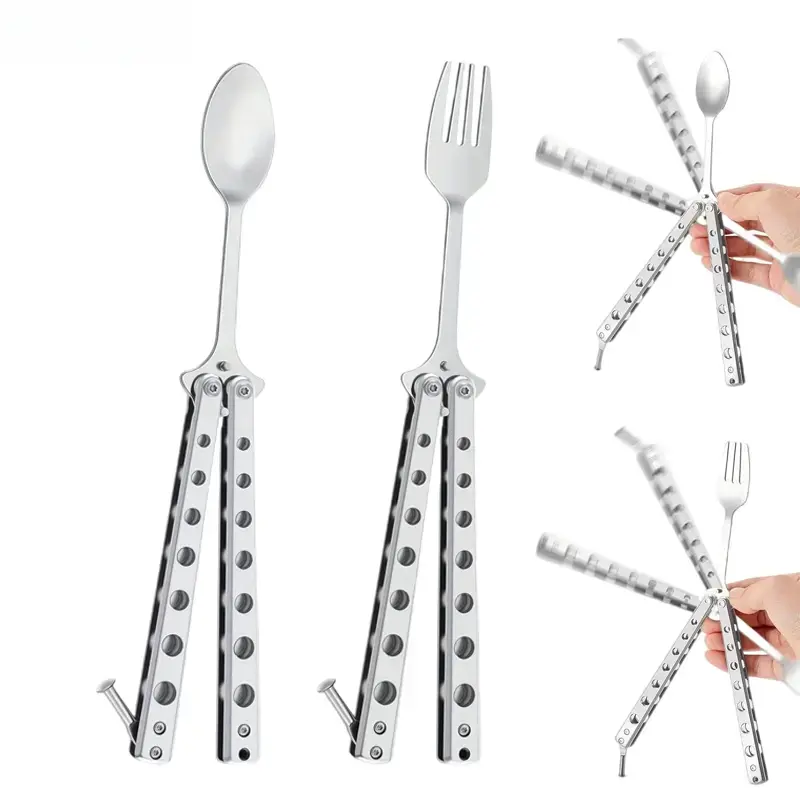 Tactical Butterfly Fork Spoon 2 in 1, Stainless Steel  Trainer Cutlery, Foldable Butterfly Trainer , EDC Pocket Multitool, HuntinFoldable Butterfly Trainer  Camping Survival Gear & Outdoor BBQ Supplies,natural