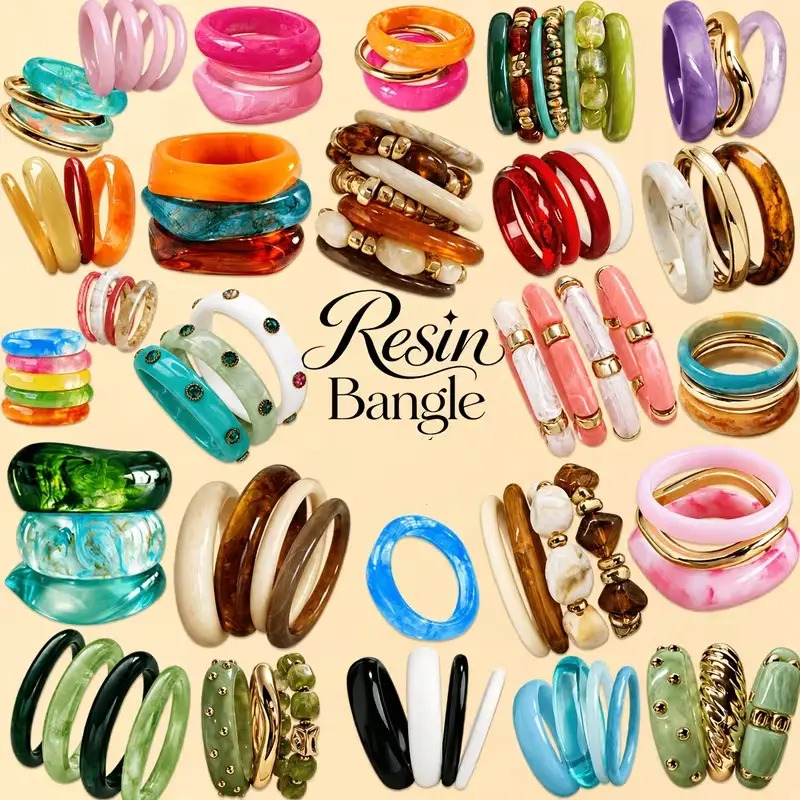 5/6/8Pcs Resin Bangle Set, Women's Cuff  Bangles, Translucent Marble Grain, Mixed Wide And Slim Styles, Great for Daily Commute, Trips And Parties, Wear Alone Or Stackable, All Season