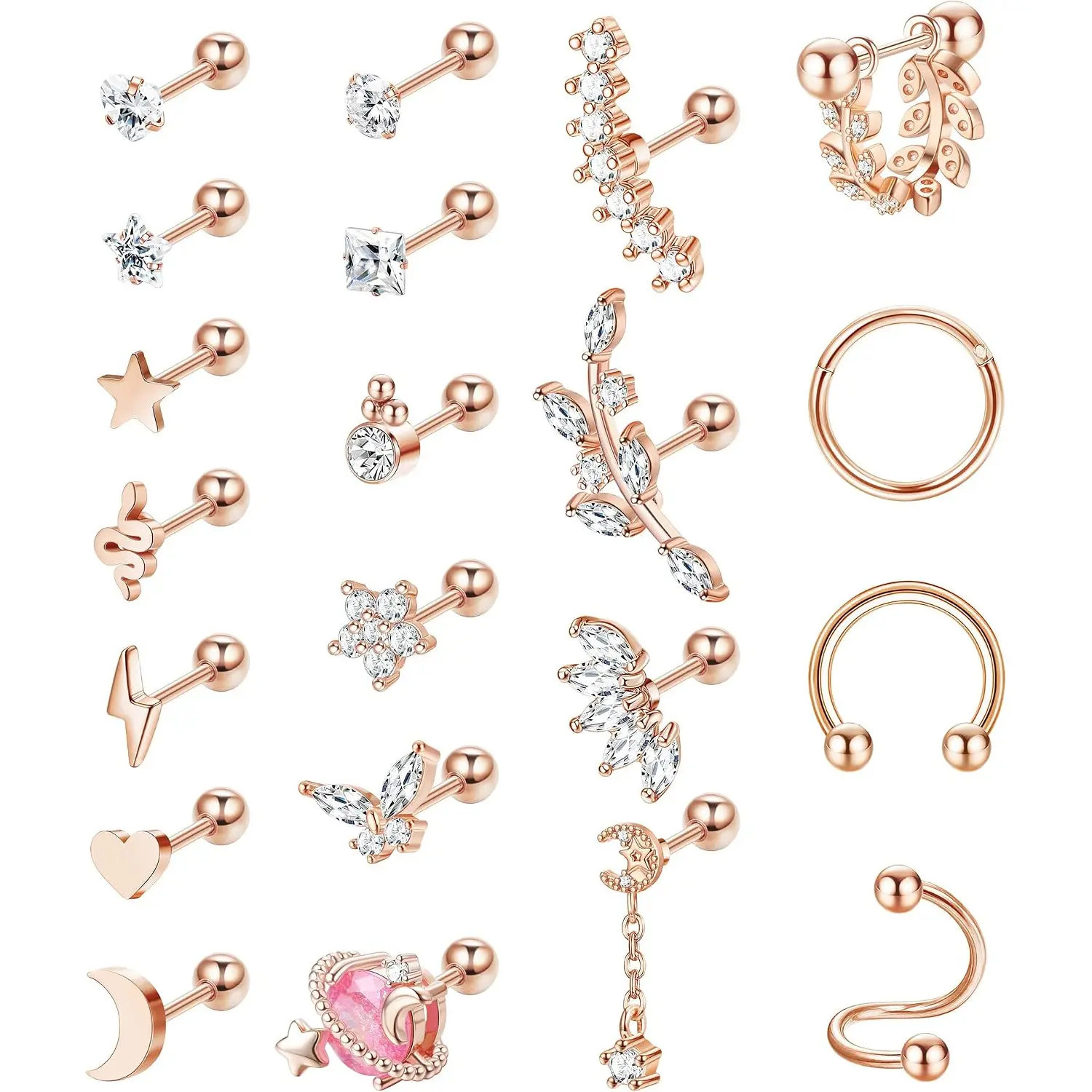 21Pcs Cartilage Earrings Set for Women, 20G 16G Stainless Steel CZ Butterfly Flower Snake Heart Star Moon Lightning Studs, Hinged Hoop Helix Horseshoe Curved Barbells, Tragus Conch Piercing Jewelry