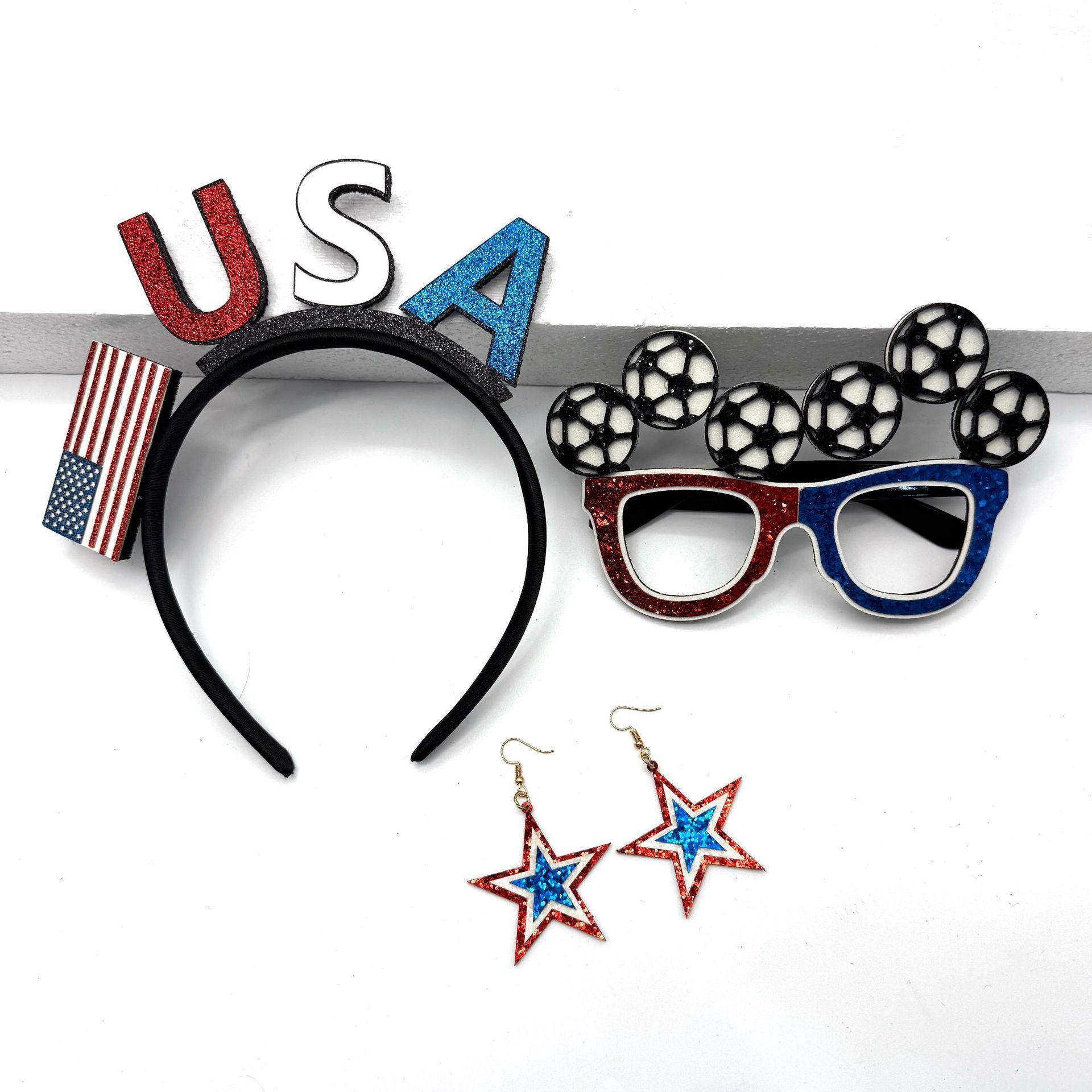 USA Fan'S Three-Piece Set For The World Cup In Mexico And Canada: Headband, Glasses, And Earrings For Party Cheer And Photo Props