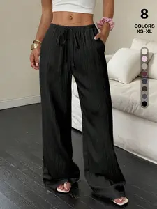 Women's Casual Comfy Lounge Pants, High Waisted Baggy Wide Leg Palazzo Pants, Adjustable with Pockets and Drawstring, All Seasons Wear