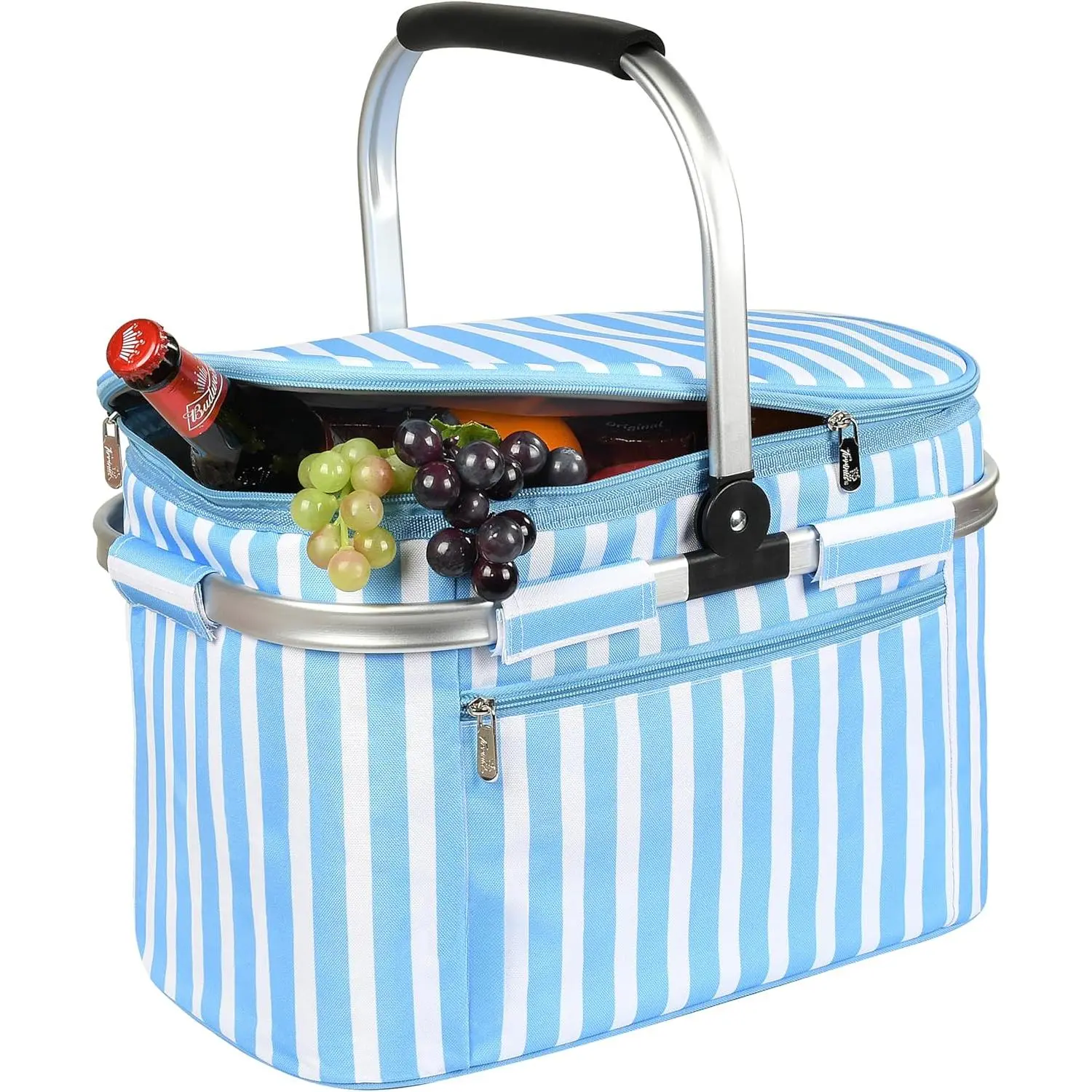 Extra Large Insulated Picnic Basket with Collapsible Frame - Water Resistant, Leakproof Portable 34L Cooler Basket Set with Aluminium Handle, Free Grocery Bag for Hiking Camping, Outdoor Events, Foldable, Aluminium Alloy, High Density Surface Fabric, Stro