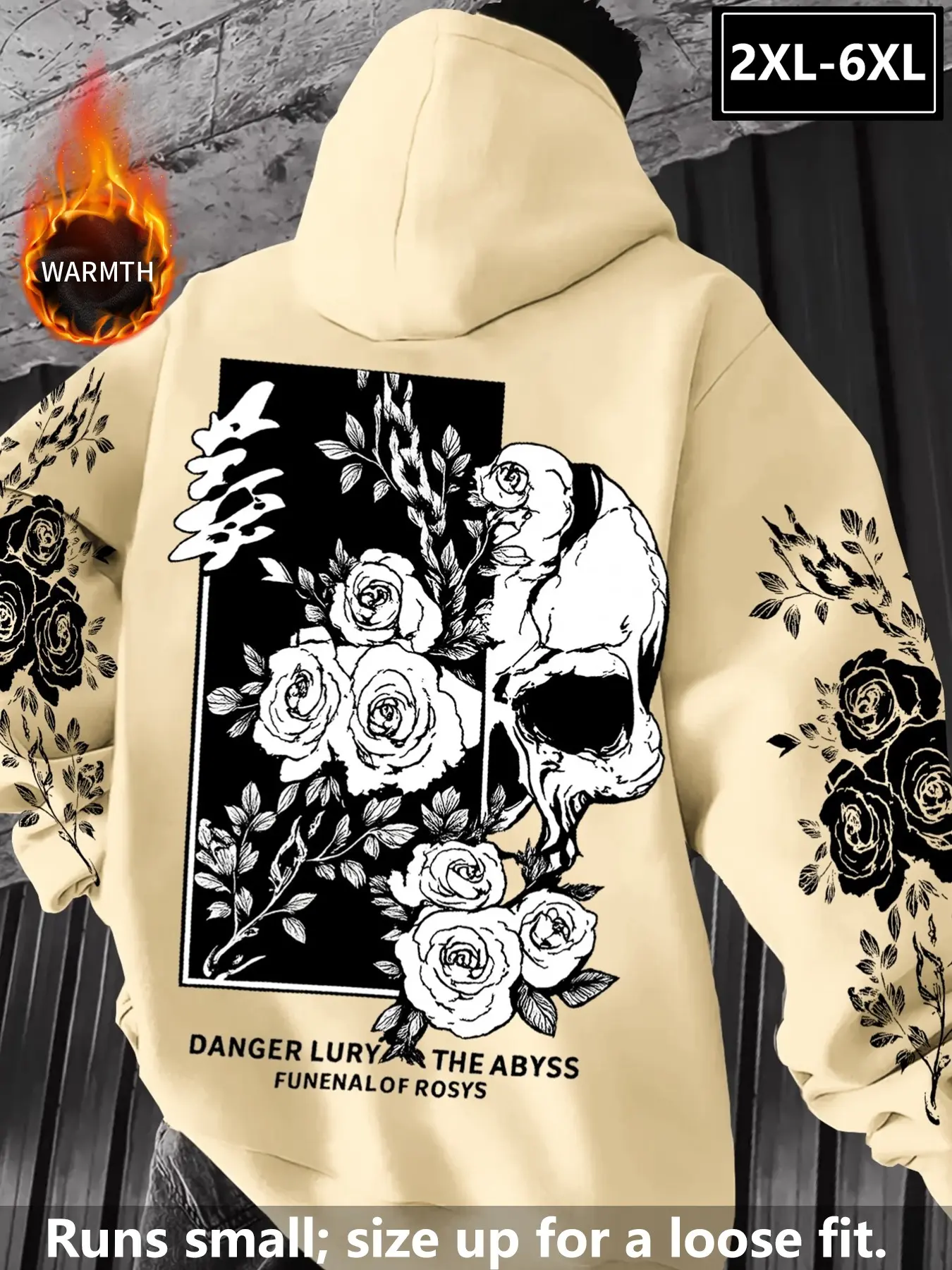 Men's Plus Size Gothic Skull Rose Print Fleece Hoodie, Loose Fit, Warm Fleece Fabric, Streetwear Minimalist Casual Style, 2xl-6xl