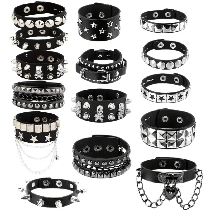 15-Piece Unisex Gothic Punk Adjustable PU Leather Bracelet Set with Heart, Skull, Star Vintage Charms - Daily, All Seasons Costume Jewelry for Casual Wear, Halloween Gifting, Yes