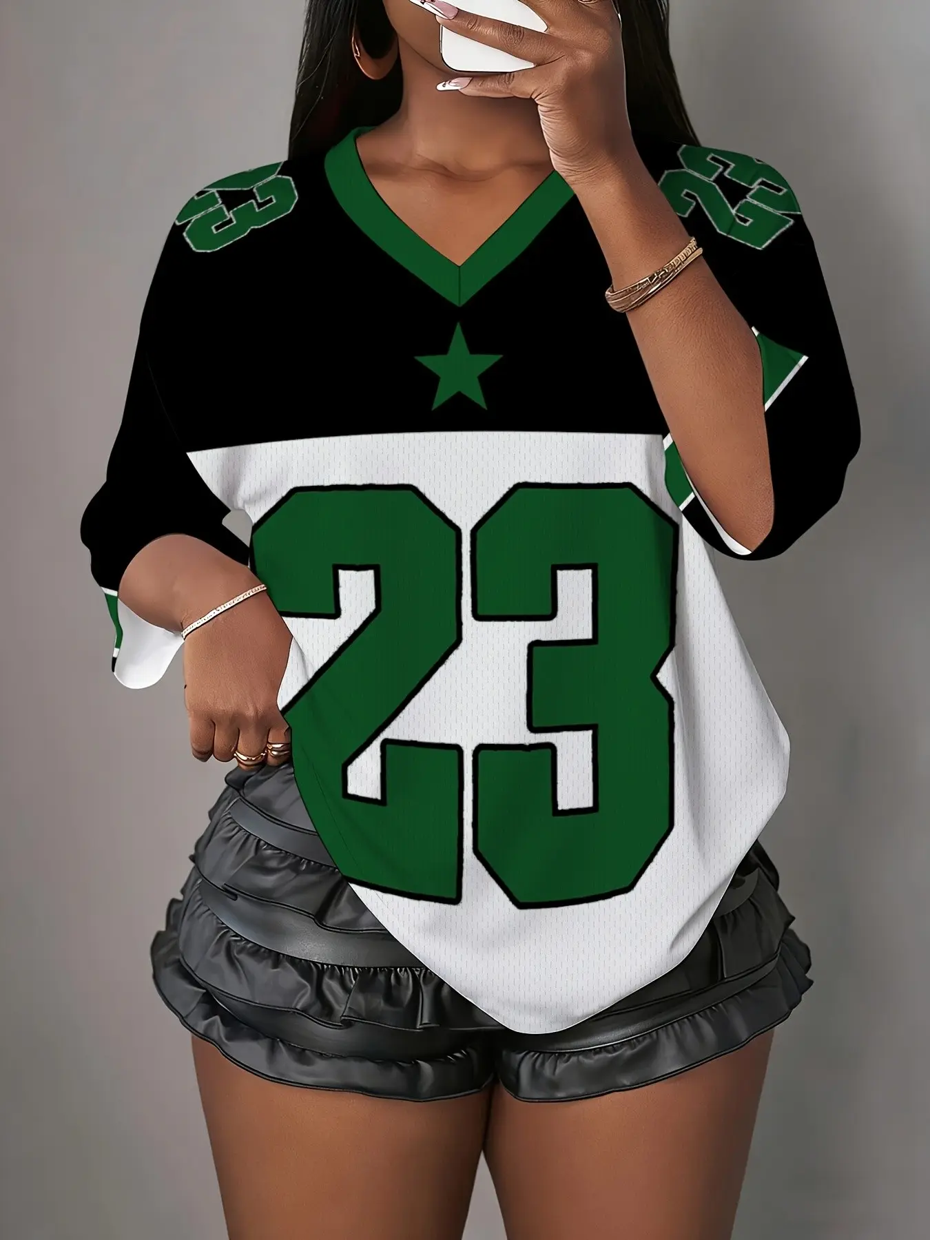 Y2K Mesh Block 23 Star V Neck Seven-Quarter Sleeve American Football Jersey for Women, Fitted Style, All Seasons