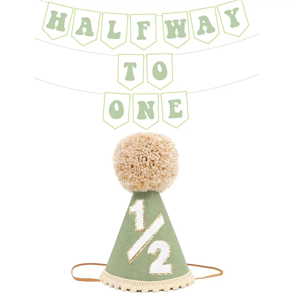 2pcs Half Way to One Pull Flag Hat Set, Male 1/2 Birthday Hat and Pre-Worn Half Birthday Banner, Suitable for Six Months Party Celebration Decorations
