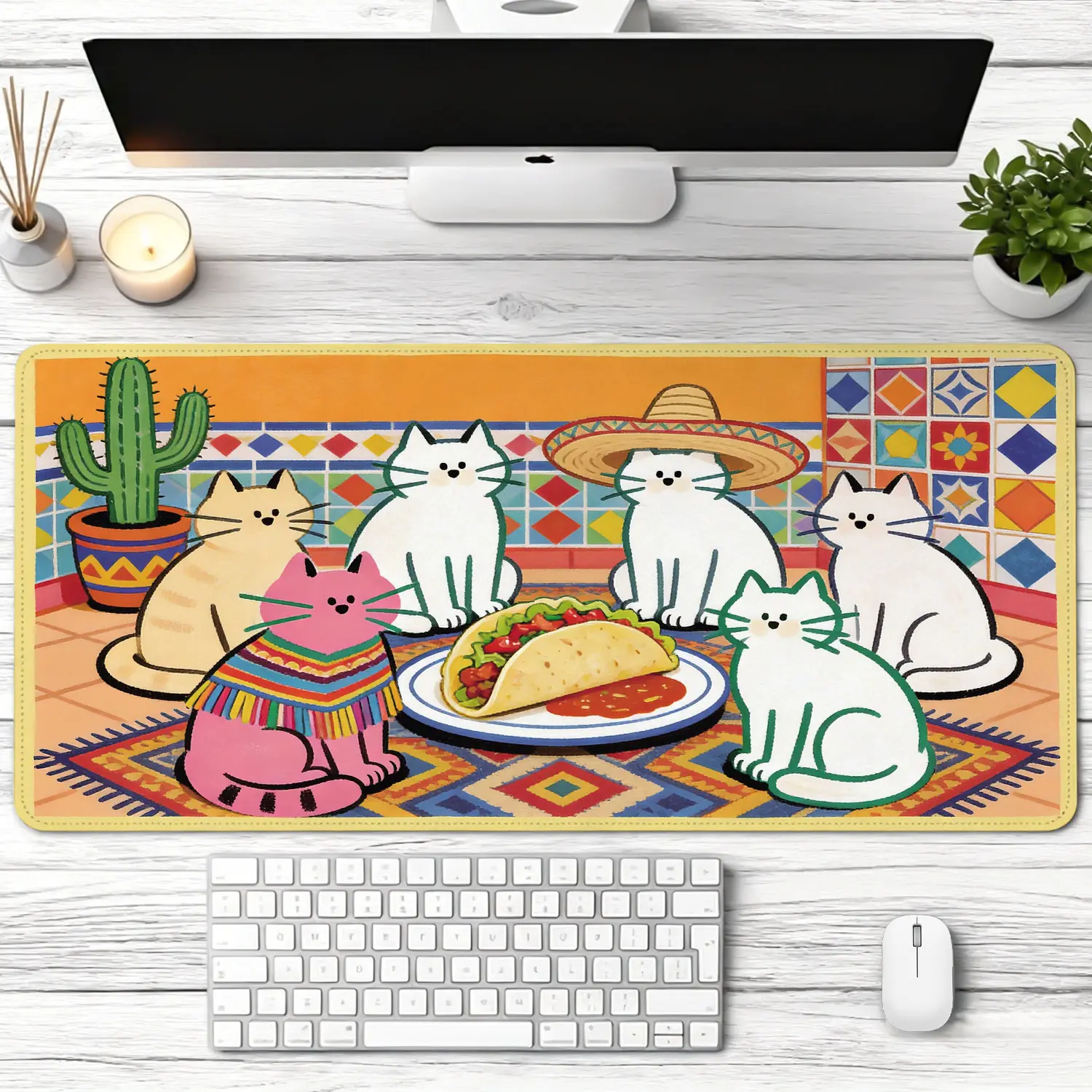 Extra Large colorful Mexican cat and taco design Mouse Pad, Non Slip Rubber Pad, Desktop Decoration Drotection Pad, Washable, Lock Edge Multi Size, Premium Multipurpose Mousepad For Home, Office, Gift for Family and Friends