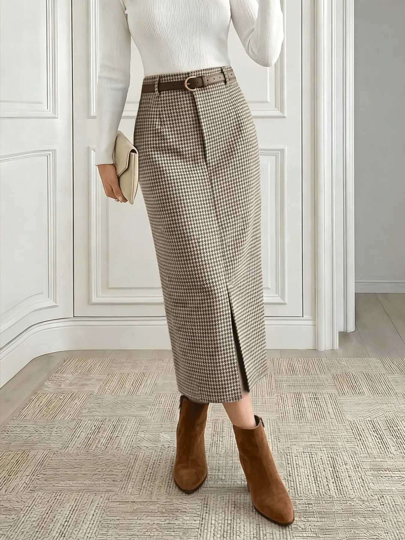 Women's Plaid Houndstooth High Waist Front Split Straight Leg Midi Skirt, No Belt Included, Elegant and Stylish Design for Casual Daily Wear