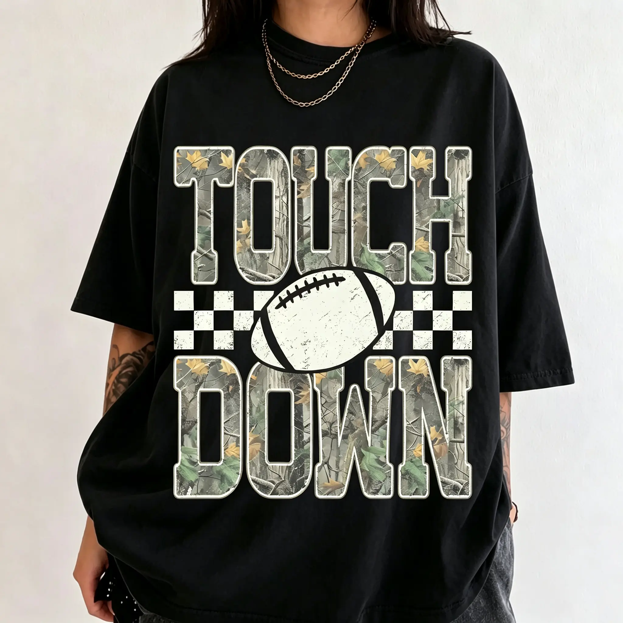 [PRINTED SHIRT] Camo Checkered Football Touchdown T-shirt, Trendy Game Day Football T-shirt, Fall Season Sports Tee, Distressed Sports Mom Shirt Gift For Her, Cotton Fabric