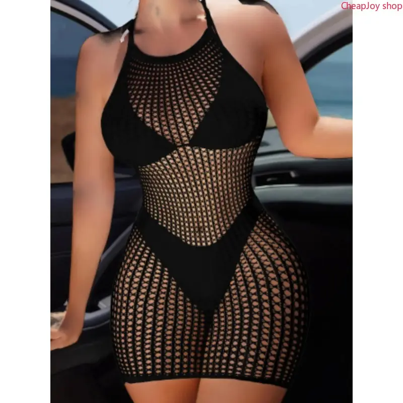 2pcs Women's Solid Backless Halter Tie-Back Fishnet Cover Up Dress, Solid Hollow Out Sheer Cover Up for Summer, Fashion Women's Swimwear for Beach Holiday Vacation, Beach Coverups