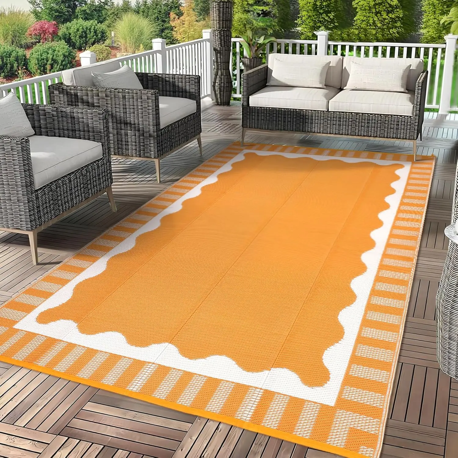 Large Waterproof Outdoor Rug 8x10 Outdoor Patio Rug, Modern Scalloped Reversible Plastic Straw Camping Rugs, Bordered Outside Carpet for Picnic Backyard Deck Balcony Trailer, Orange
