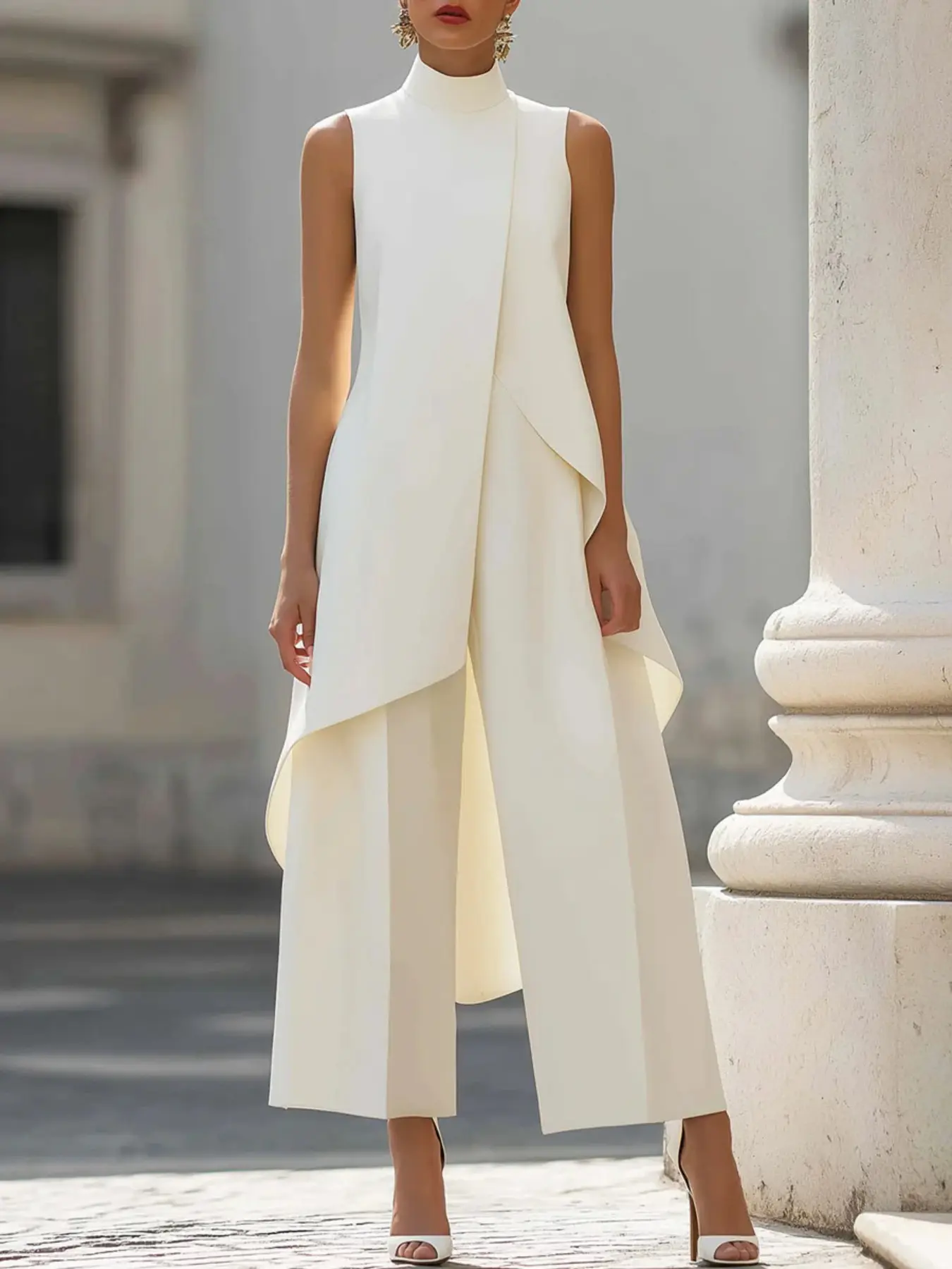 Commuter Slimming Irregular Design High Neck Sleeveless Layered Wide Leg Pants Two-Piece Set, Casual Spring and Fall Clothes
