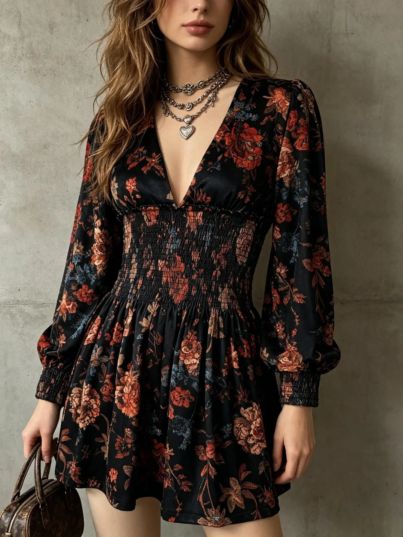 Women's Boho Floral Dress, Velvet Deep V Neck, Bubble Sleeve, Long Sleeve, Ethnic Bohemian Style, Spring & Fall Fashion, Elegance, Aesthetic