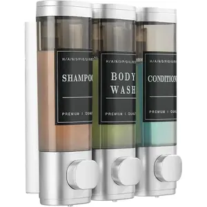 Shower Soap Dispenser Wall Mounted No Drill Shampoo Dispenser for Shower Wall Shampoo and Conditioner Dispenser Bathroom Hotel 3 * 300ml Silver with Labels