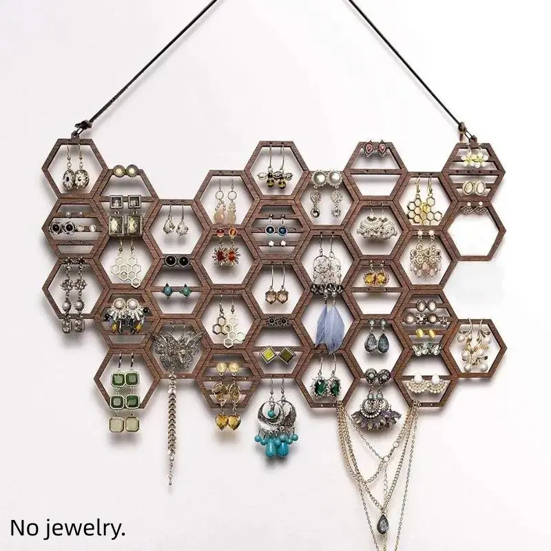 Wooden Honeycomb Design Jewelry Storage Rack, Vintage Earring Display Rack, Jewelry Organizer for Earrings & Necklaces, Stylish Gift Box
