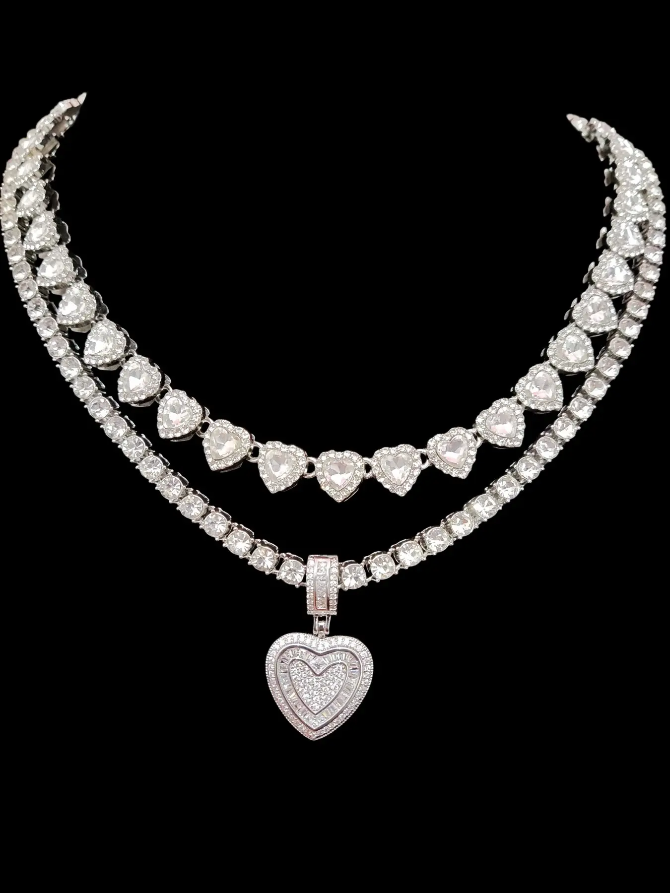2 Piece/Set  Women's Dainty Heart Zirconia Heart Pendant Necklace Set, Zirconia Heart Charm, Tennis Chain, Heart Link Chain Necklace, Fashion Jewelry, Party Wear, Valentine's Gift, Heart Design Jewelry, Heart Style Chain