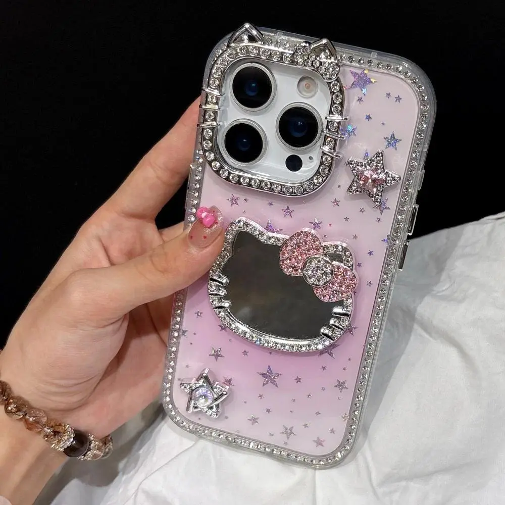 New Glitter Rhinestone Cat Mirror Phone Case For iPhone 17 16 15 14 Plus 13 12 Pro Max Shockproof Protective Case Accessories