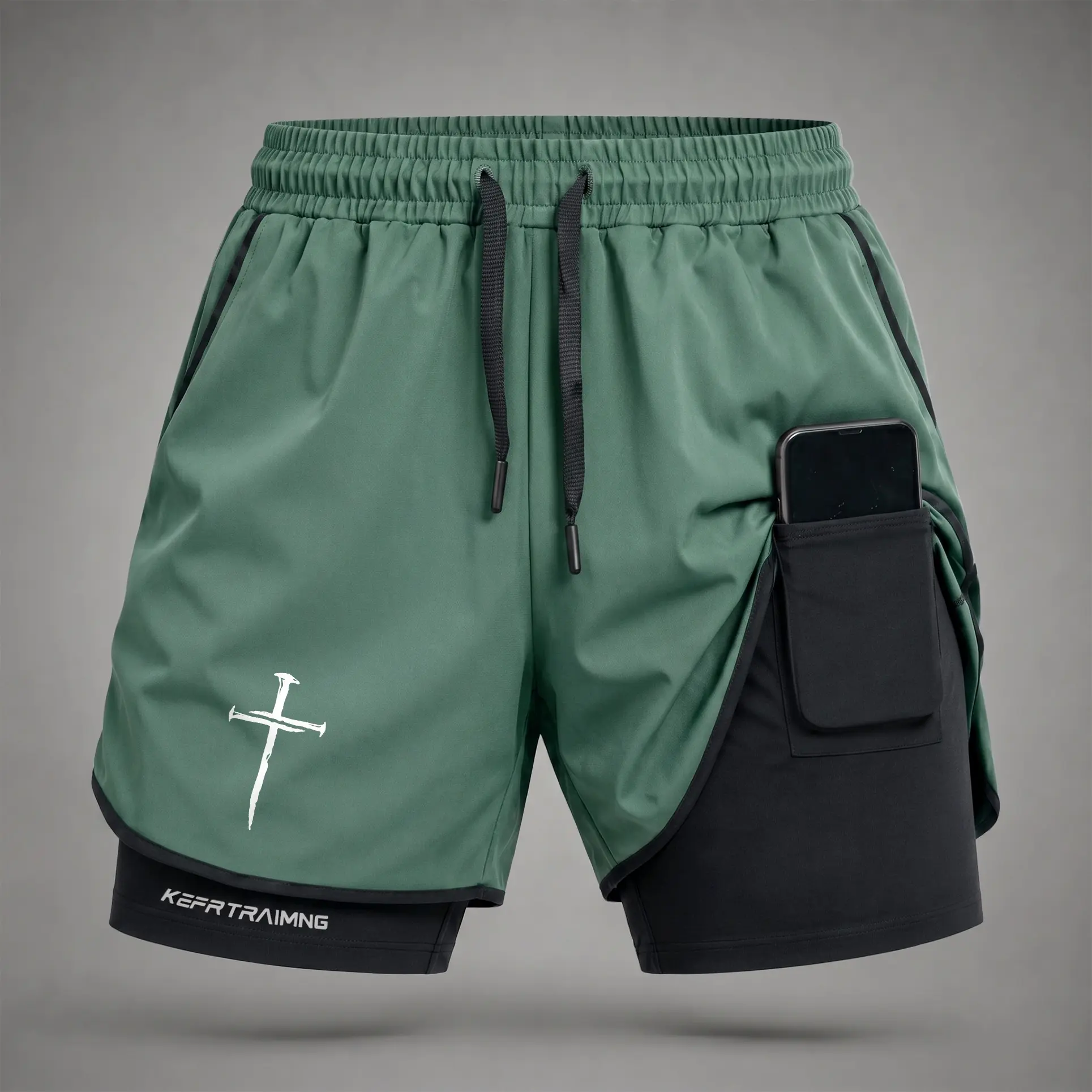 Men’s Faith Cross Print 2-in-1 Utility Shorts, Lightweight Quick-Dry Athletic Shorts with Built-in Liner, Secure Phone Pocket, Adjustable Waist, Casual Gym Running Shorts for Daily Wear