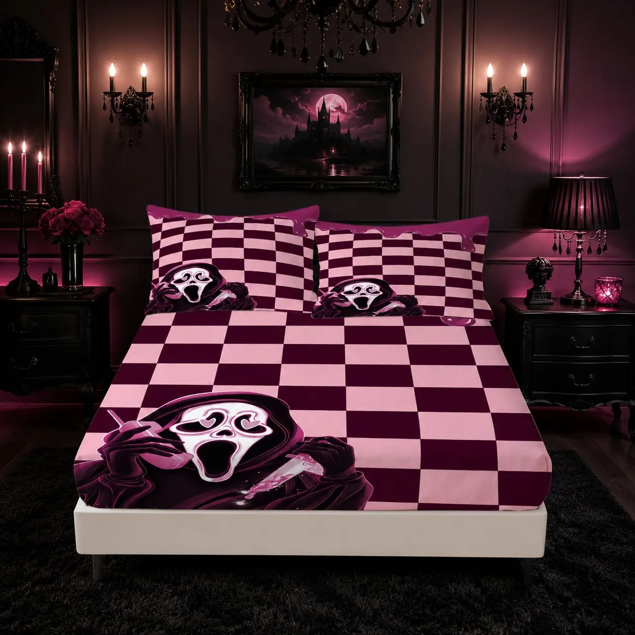 3PCS Gothic Y2K Fitted Sheet Printed Bedding Set, Pink Burgundy Checkerboard Scream Ghost Face Print Bed Sheet, 1 Fitted Sheet + 2 Pillowcases Without Any Inserts, Great for Teen Girl Bedroom Dorm Decor & Halloween Friendship Gifting