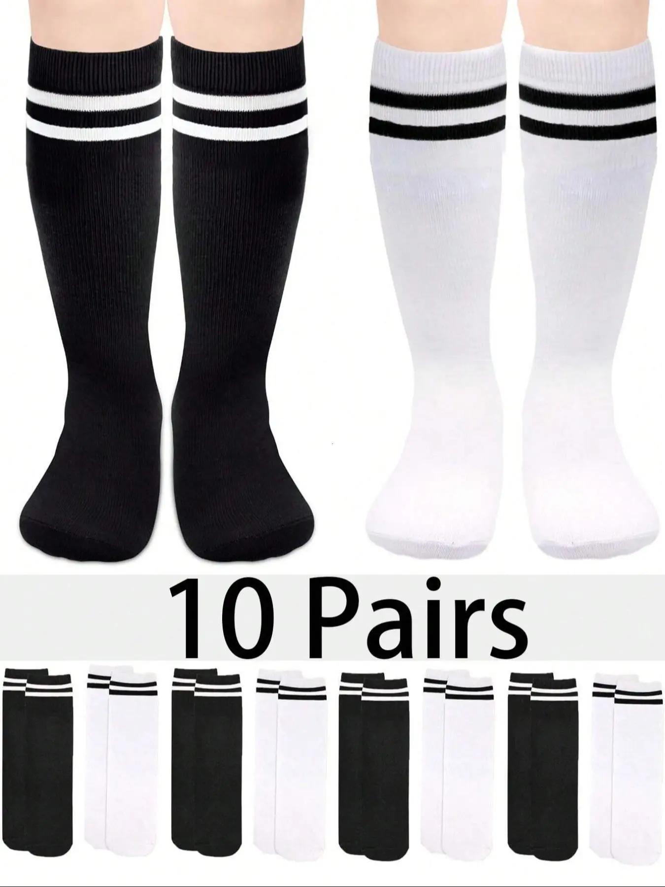 10 Pairs Kids Football Socks, Unisex Knee-High Ribbed Tube Socks, Sporty Long Socks for Boys and Girls, Comfortable and Durable