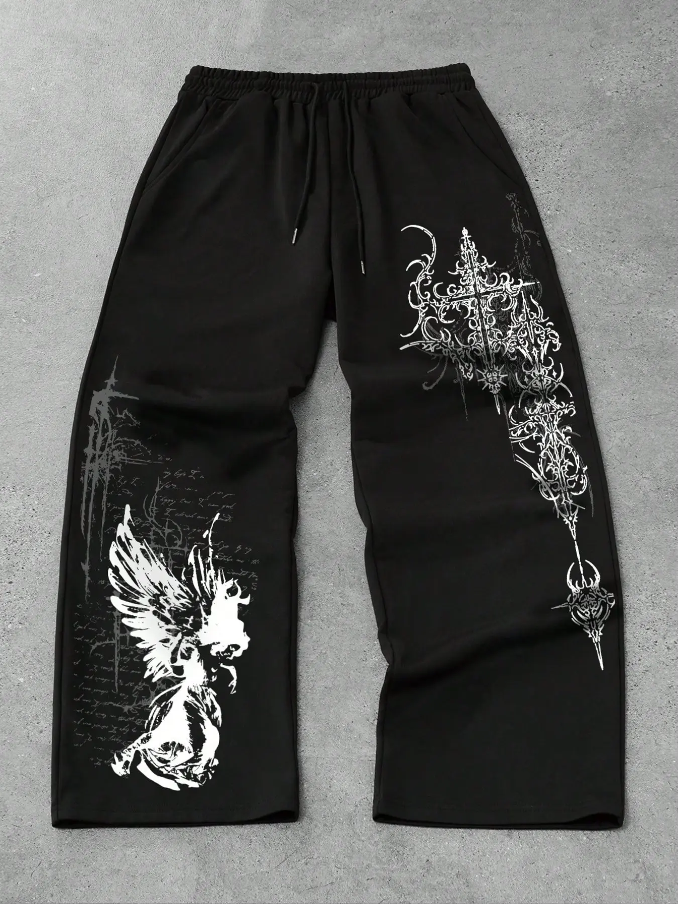 Y2K Gothic Angel Cross Print Wide Leg Sweatpants Men Vintage Grunge Baggy Drawstring Streetwear Pants Hip Hop Casual Fashion Loose Sports Trousers
