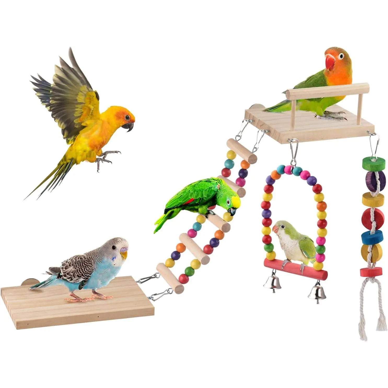 5in1 Bird Parakeet Toys, Detachable Birdie Perches Platform Swing with Climbing Ladder, Parrot Cage Stand Accessories, Wooden Playing Gyms for Conure Cockatiel Lovebird Finch Budgerigar Pigeon