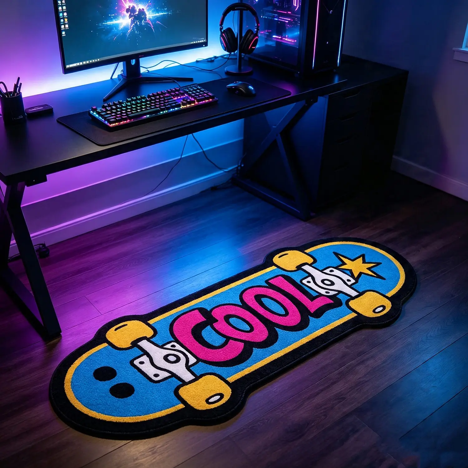 Cartoon Skateboard Shape Rug, Style Cool Letter Mat, Bedroom Bedside Foot Pad, Washable Hand Wash, Creative Skateboard Design Carpet