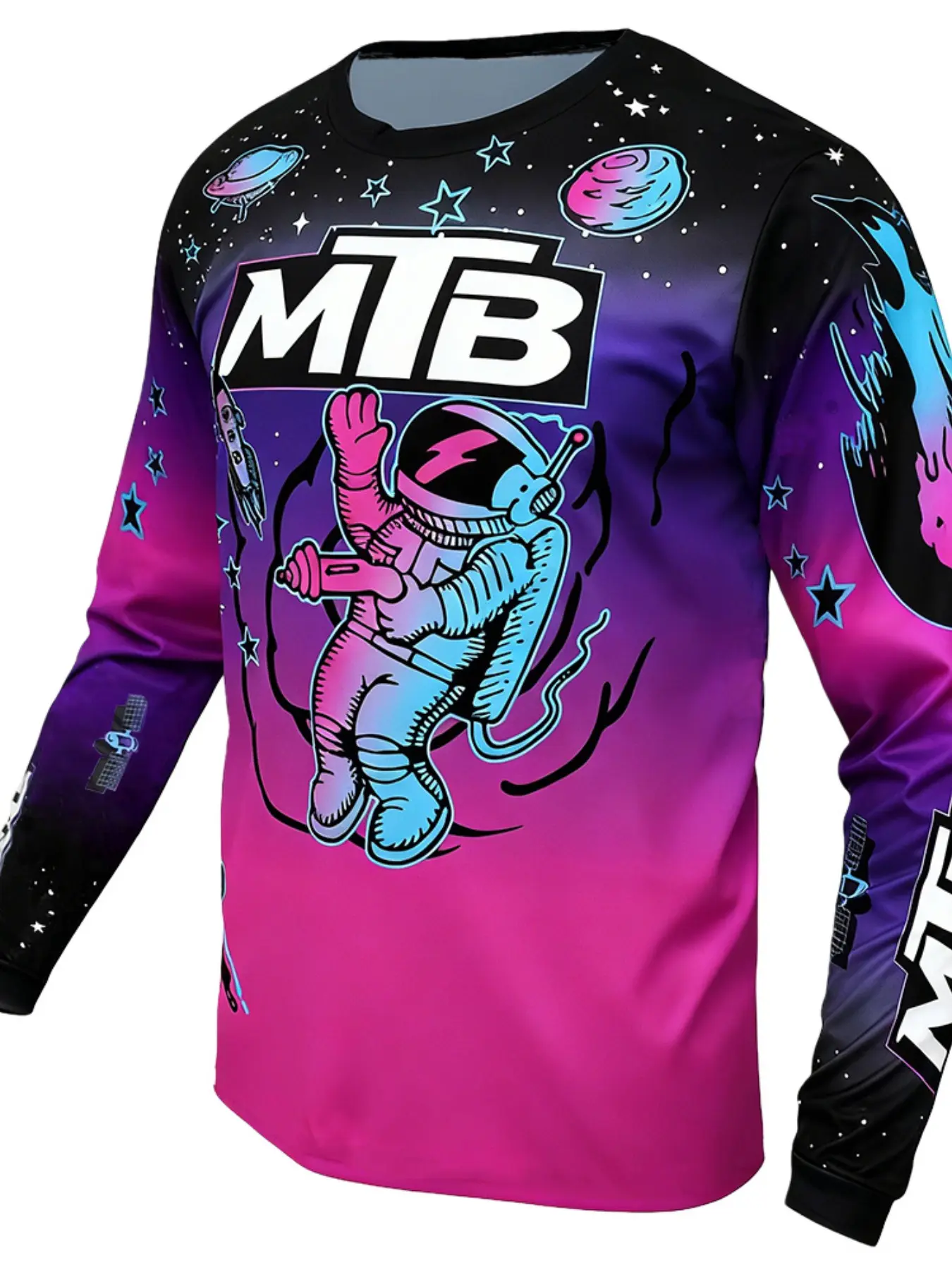 Men Gradient Space Astronaut Graphic Long Sleeve Jersey, Galaxy Planet Star Print Crew Neck Riding Top, Lightweight Outdoor Sports Casual Long Sleeve Shirt.