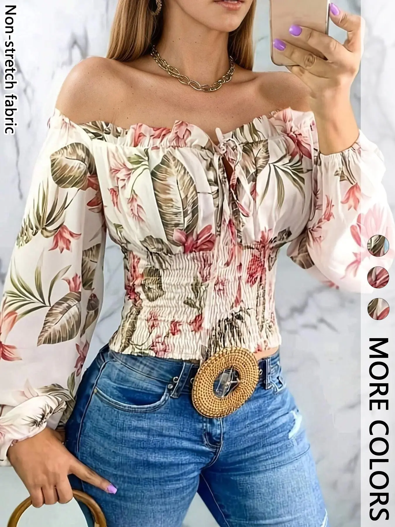 Elegant Floral Print Off-Shoulder Long Sleeve Top, Fitted Waist Casual Shirt, All Season Blouse, Non-Elastic Fabric, All Seasons Wear, Womenswear