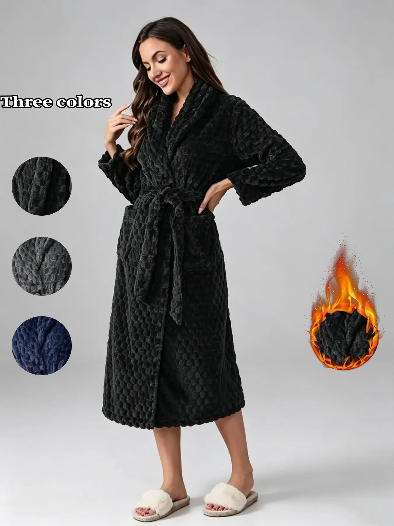 Women's Coral Fleece Long Sleep Robe, Honeycomb Embroidered, Lapel Neck, Tie Waist, Large Pockets, Cozy Home Bathrobe, Loungewear, Fall Winter