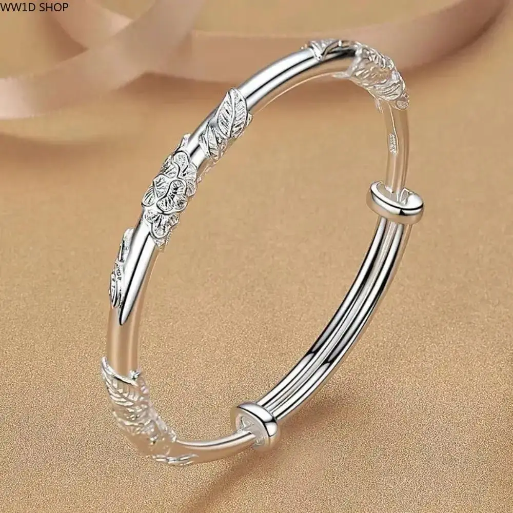 Women's 925 Sterling Silver Floral Bangle - Adjustable, Lightweight, Solid Texture Female Bracelet for Daily Wear, Party Outfits, Peppy, Glamorous, Romantic Occasions, Bracelets For Women, Adults, Casual, Elegant, Evening, Adjustable Bangle Jewelry, Exqui
