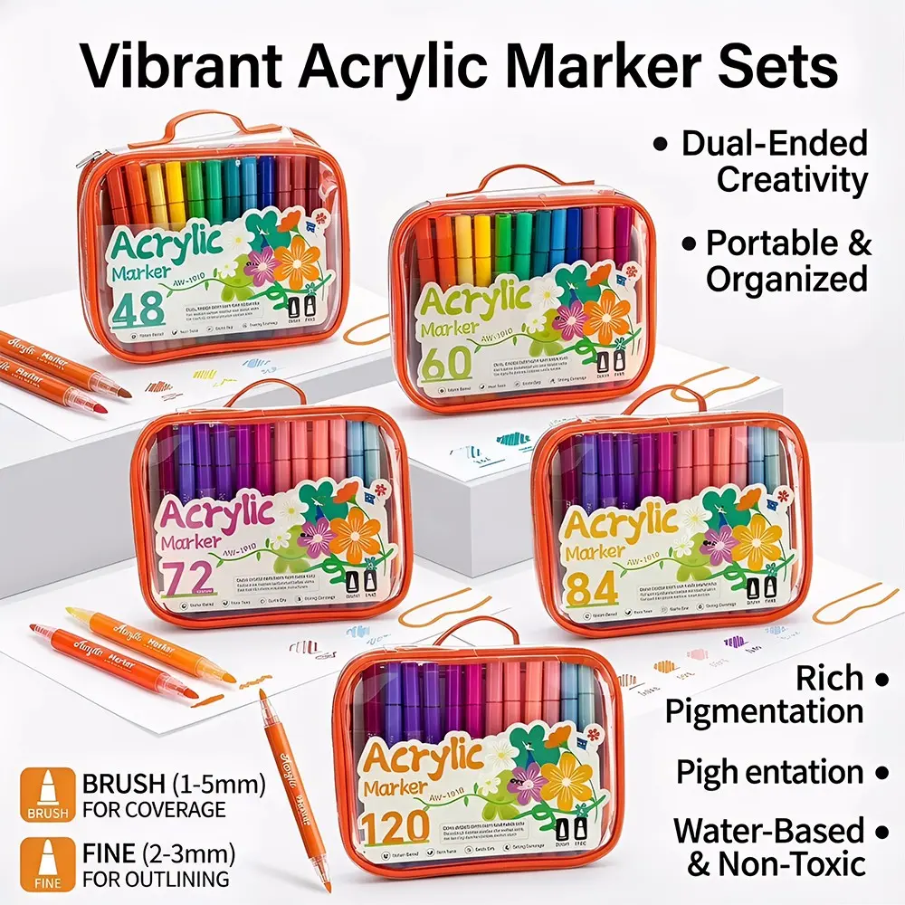 48/60/72/84/120 Color Dual-Ended Acrylic Markers, Non-Toxic Water-Based, Rich Colors, Portable Storage, Ideal for Kids DIY, Sketchbooks, Art