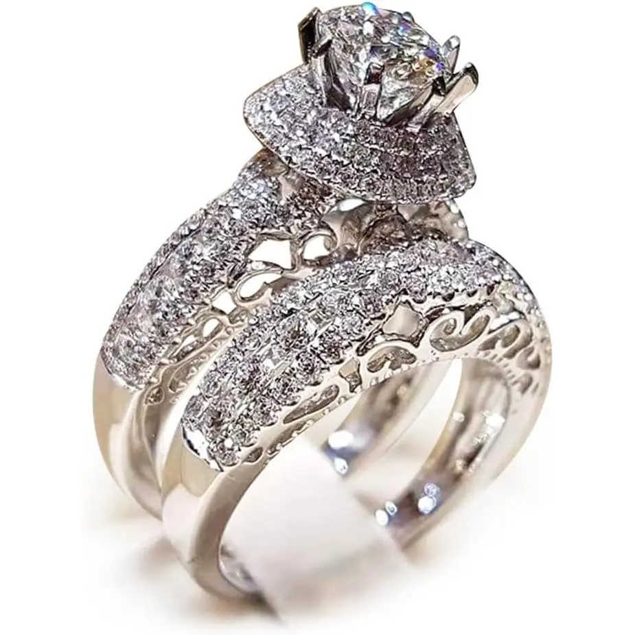 RKKOJJO 925 Sterling Silver Bridal Rings Sets AAA Cubic Zirconia CZ Full Diamond Engagements Rings Wedding 2 Pcs Promise Anniversary White Gold Rings for Women Size 9