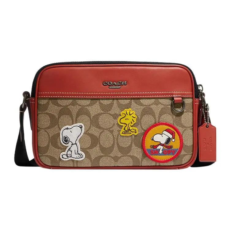 Coach x Snoopy x Peanuts Graham 23 Camera Bag for Women – Vintage-Print Coated Canvas and Calfskin in Brown and Red