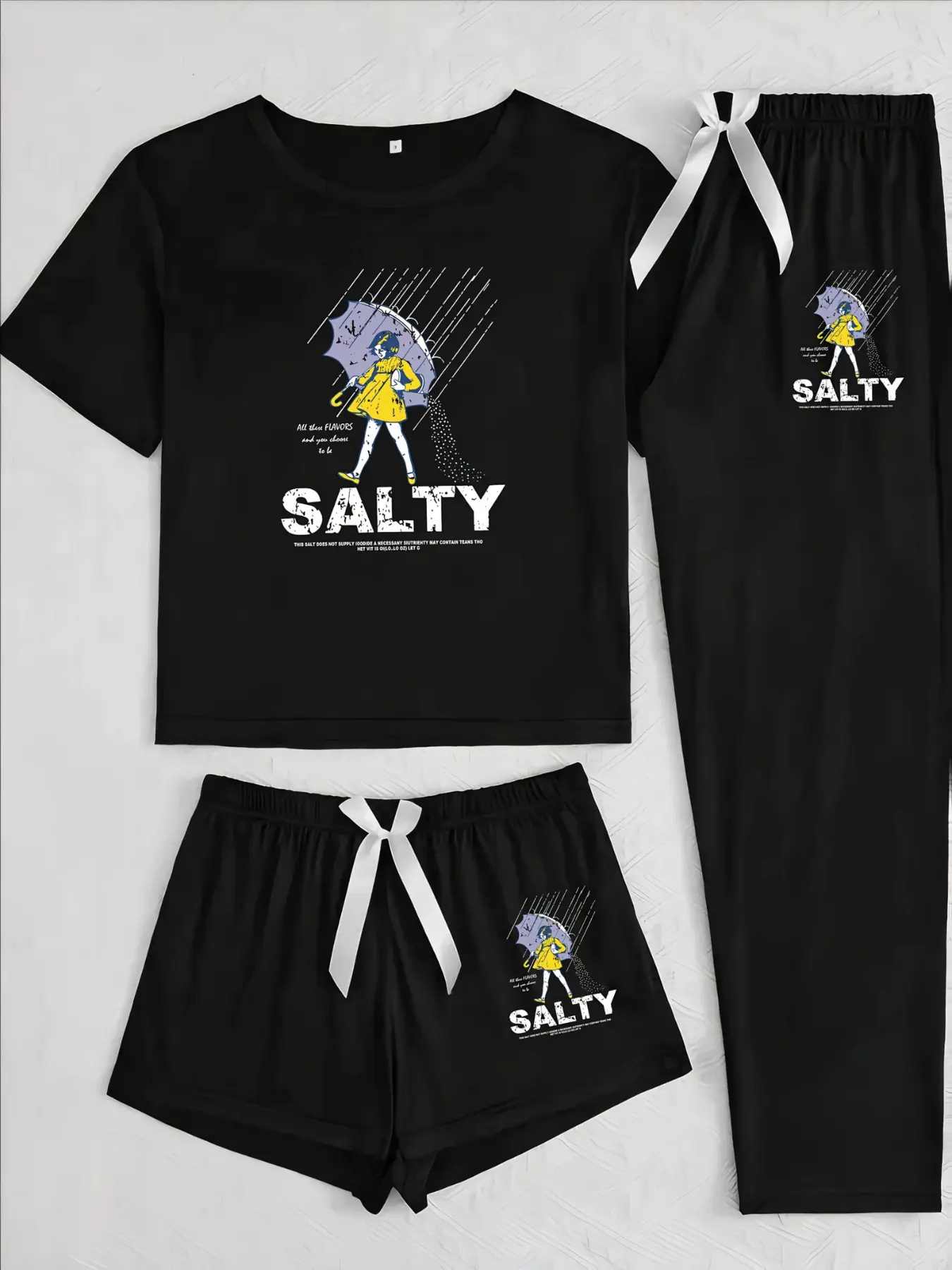 Rain Umbrella Girl Three-Piece Set, Cartoon Pattern, Loose-Fitting Casual Everyday Home Wear, All Seasons, Comfortable and Stylish, Loungewear, Clothes