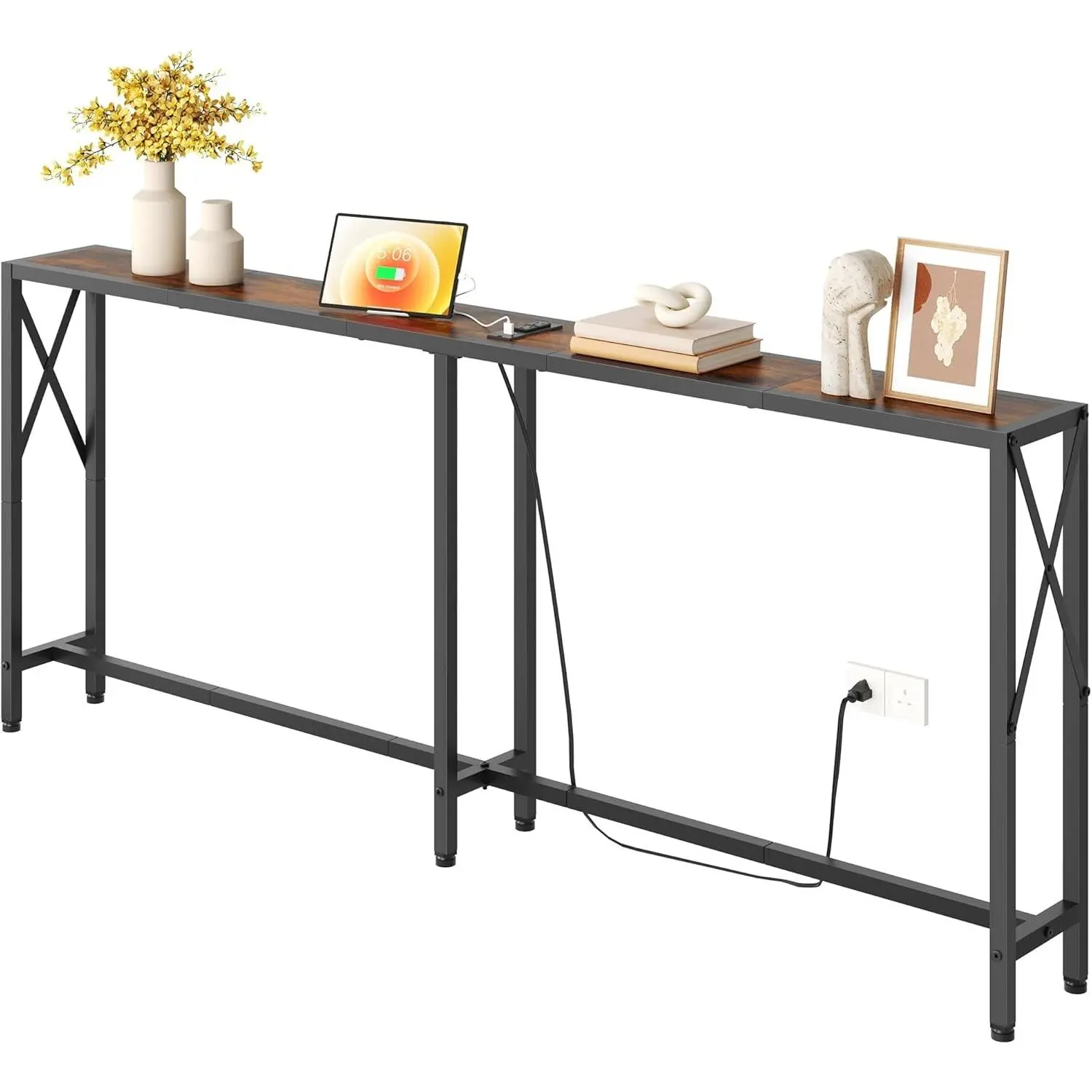 Rustic Brown 70-in Rectangular Skinny Sofa Table Behind Couch - Console Table with Power Outlets & USB Ports for Hallway, Living Room, Entryway, Metal Legs