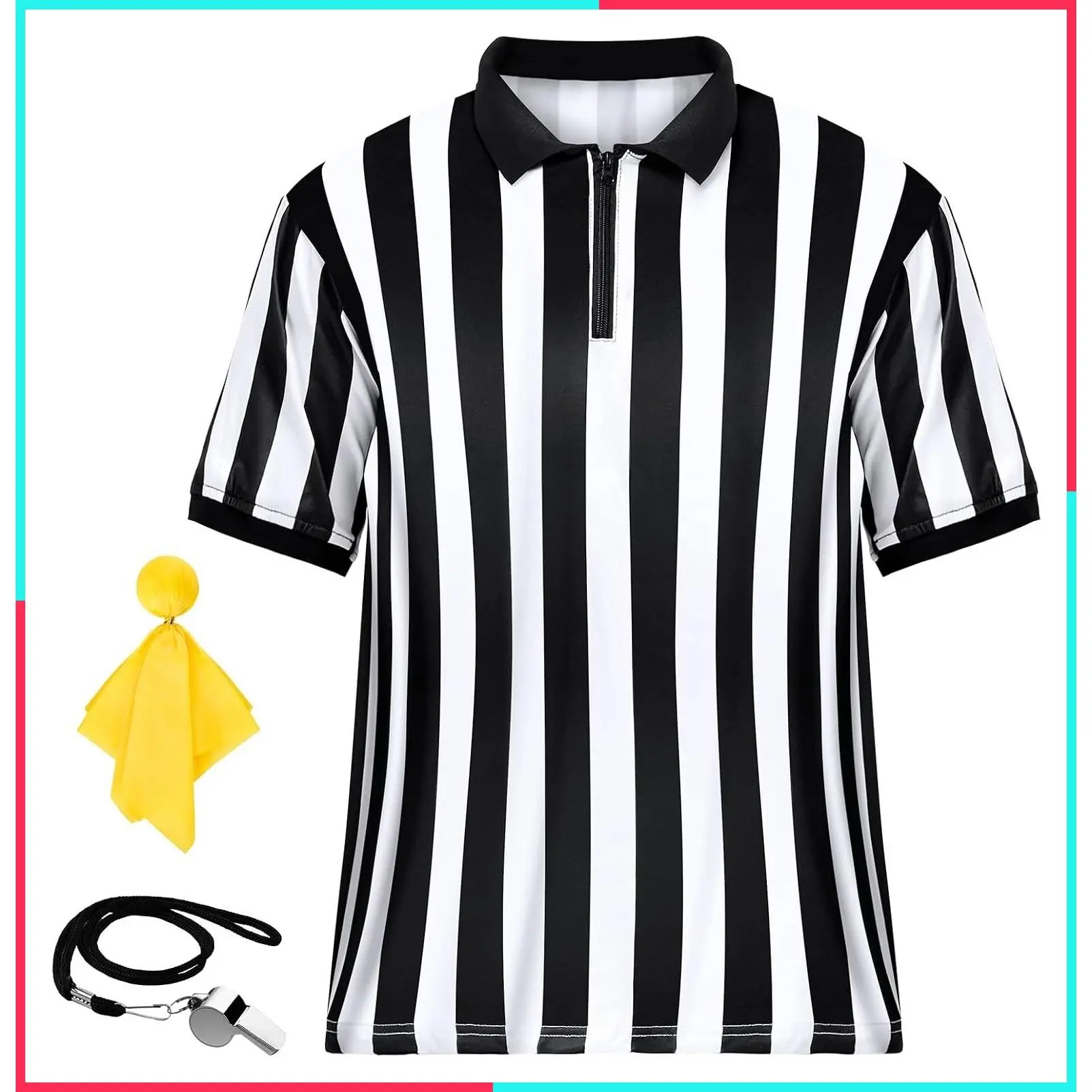Men's Complete Referee Costume Set with Striped Shirt, Whistle and Penalty Flag